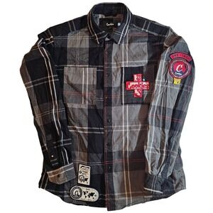 Cookies Plaid Flannel Shirt Large LS Button Up Patches Casual Top Womens